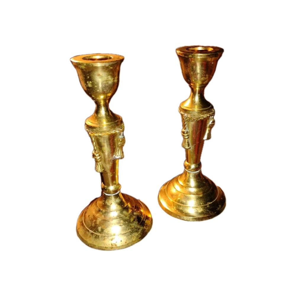 Vintage Brass Candle Sticks Solid Pair Braided Chain-rope‎ Tassel decor 6-3/32"